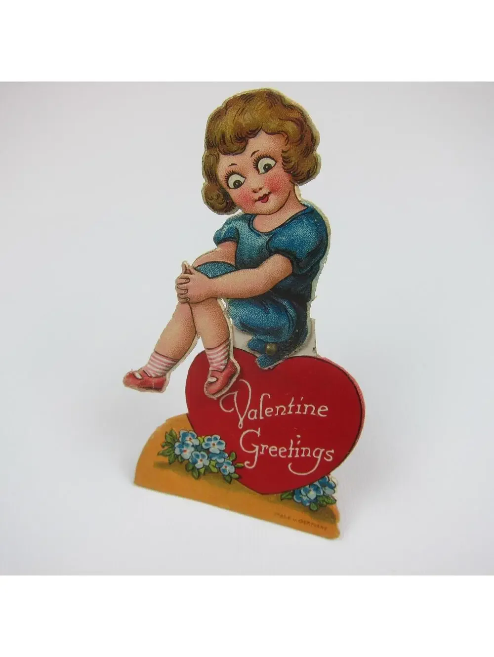 Vintage Valentine Card Mechanical Girl in Blue Dress Sits Red Heart Body Moves